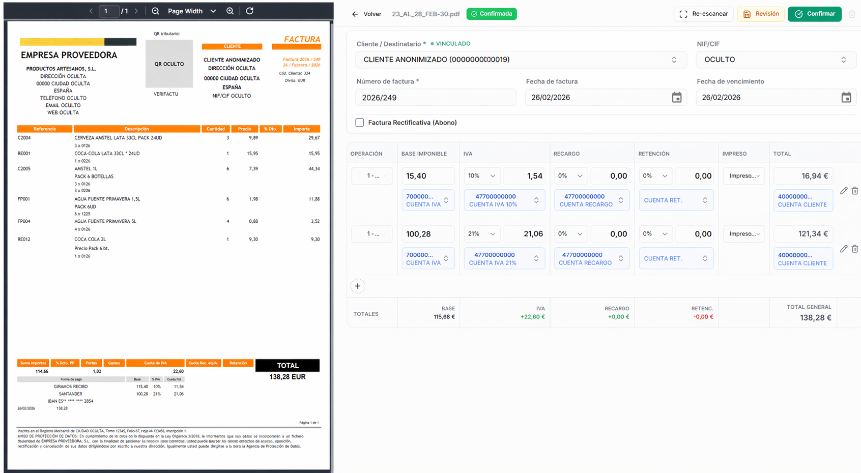 Contazzz extrayendo datos fiscales de una factura con IA generativa (NIF, base imponible, IVA, IRPF)